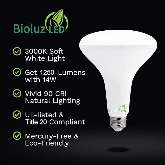 Bioluz 4 Pack LED Light Bulb BR40 Light Bulbs 3000K Soft White 90 CRI Dimmable UL-Listed CEC Title 20 Compliant 1250 Lumen Led Bulbs Indoor/Outdoor Flood Lights | Lightbulb for Outdoor Lighting