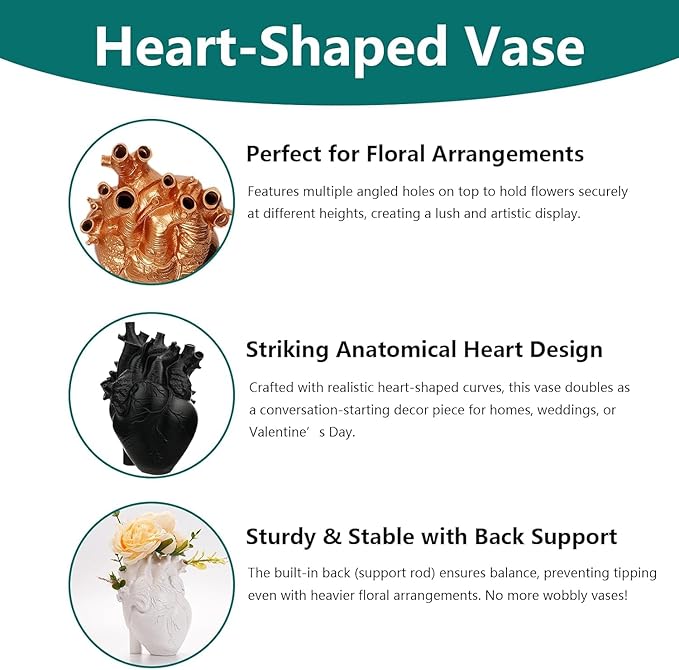Heart Shaped Resin Vase - Anatomical Human Heart Flower Pot Planter, Nordic Modern Desktop Decor for Farmhouse Living Room, Bedroom, Valentine's Day Gift Home Decoration, (Red)