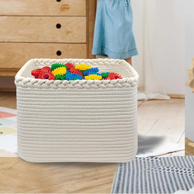 COMFY-HOMI Square Woven Cotton Rope Basket for Organizing, Gift Baskets for Handles, Empty Gift Baskets, Toy Basket for bins|13.5" x 11" x 9.5" home decor for Living Room, Bathroom
