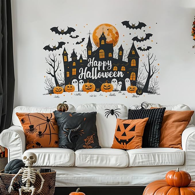 Halloween Wall Decals – Skeleton Pumpkin Stickers with Witch Hat, Bats, Black Cats & Stars, Removable Vinyl Decorations for Party or Home Decor