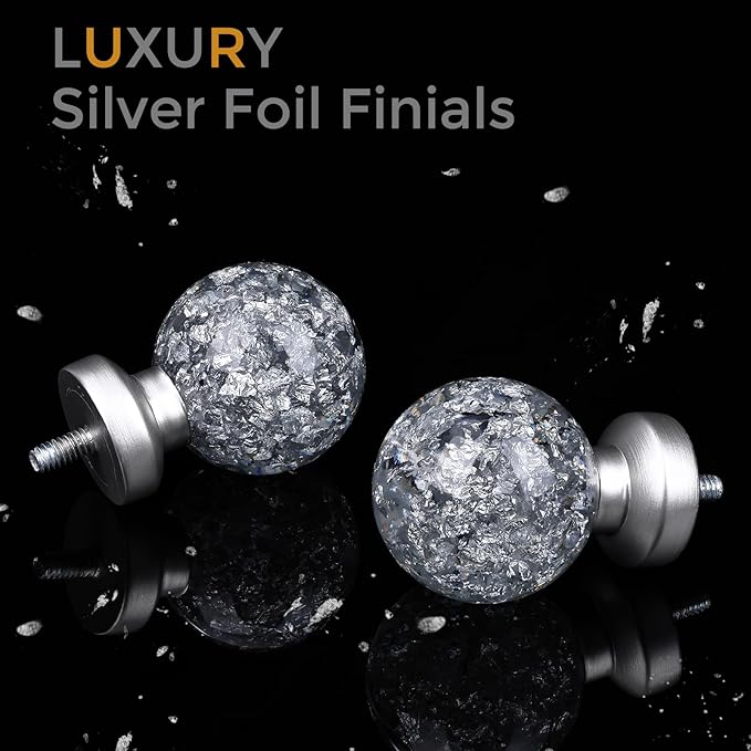 2 Pack Silver Curtain Rods for Windows 28 to 48 Inch, 1'' Heavy Duty Adjustable Drapery Rod with Unique Crystal Ball Finials, Modern Decorative Curtain Rod,Size; 30-60''