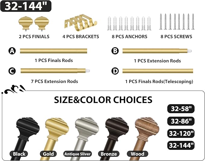 Decorative Gold Curtain Rods for Windows 72 to 144 Inches(6-12ft), USFOOK 7/8 Inch Long Curtain Rod 32 to 144 Inches, Heavy Duty Single Drapery Rods, Square End