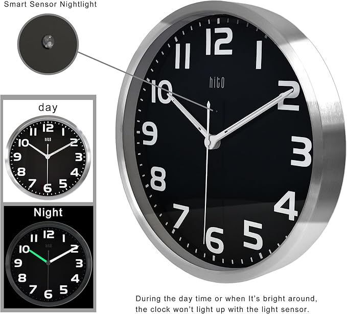 HITO 10 Inch Night Light Wall Clock Battery Operated Brightness Adjustable, Silver Aluminum Frame, Glass Cover(Hands + Numbers Illuminate)