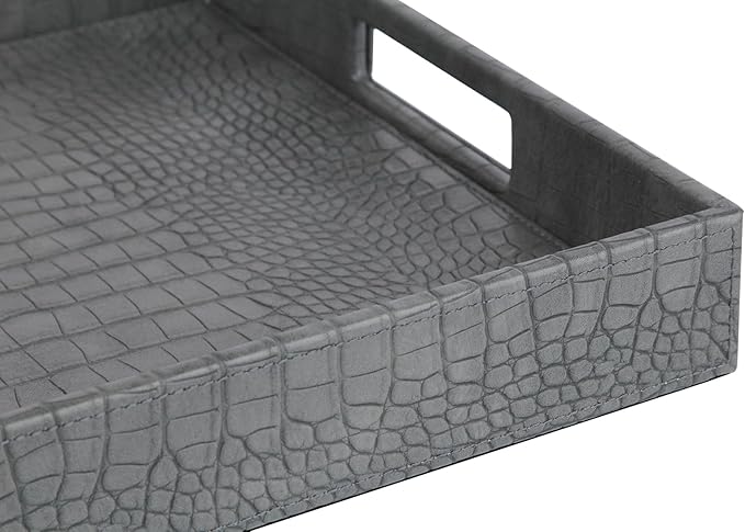 HofferRuffer Rectangle Serving Tray with Hole Handles for Coffee Table, Breakfast, Tea, Food, Butler - Countertop, Kitchen, Vanity Serve Tray, 16.2 x 12.2 x 2 inches, Faux Leather Tray (Dark Grey)