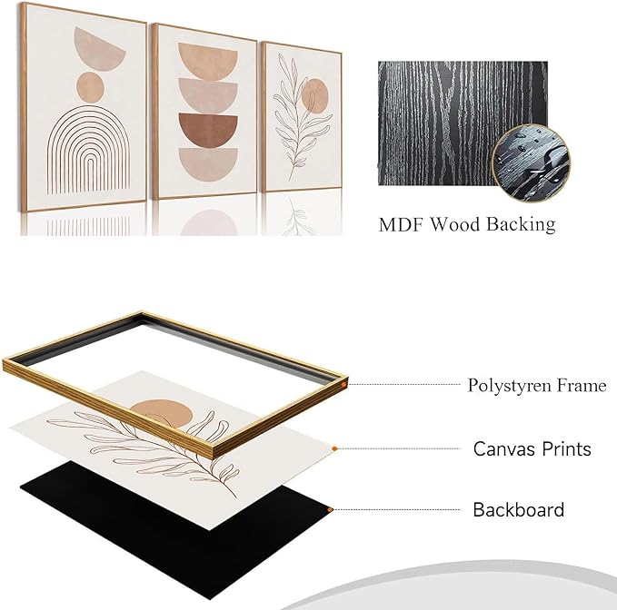 Bwodke Framed Boho Canvas Wall Art Mid Century Modern Prints Set of 3 Neutral Geometric Line Leaf Paintings Decor Minimalist Abstract Pictures Bedroom Living Room Bathroom