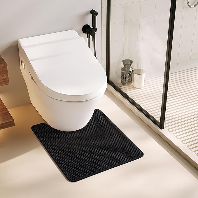 Black Toilet Rug, Thin Toilet Rugs U Shaped Washable Non Slip Absorbent Quick Dry Low Pile Toilet Mat, Black 20''x24'' U Shape