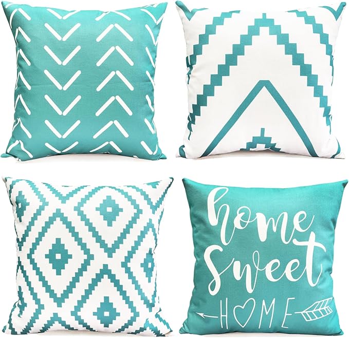 Decorative Throw Pillow Covers 16x16 inch Set of 4 Aqua Blue Pillow Covers for Couch Sofa Bed Living Room,Farmhouse Outdoor Throw Pillow Cover,Modern Geometric Linen Square Throw Pillow Case