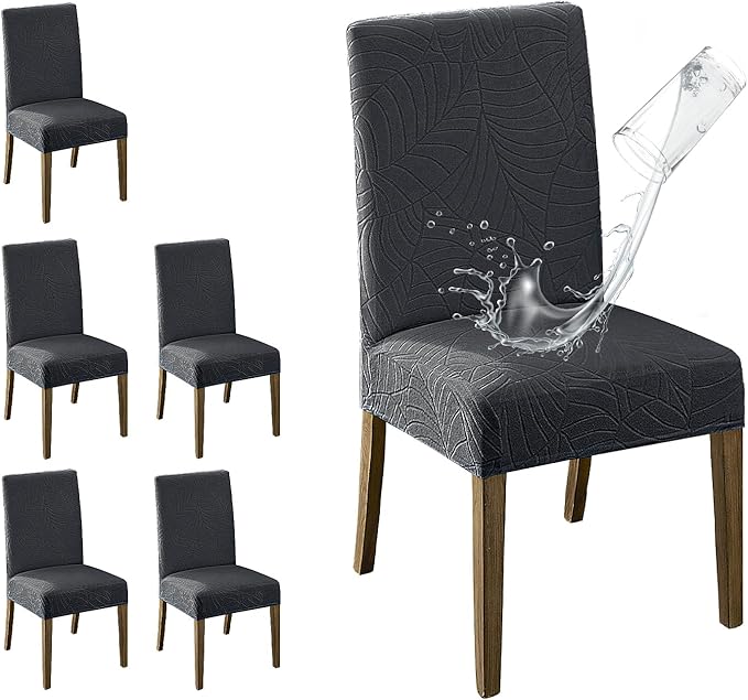 MOSAYT 100% Waterproof Dining Room Chair Covers Set of 6, Super Fit Stretch Jacquard Parson Chairs Slipcovers Removable Washable Chair Seat Protectors for Home, Kitchen, Banquet (Dark Grey - XL)