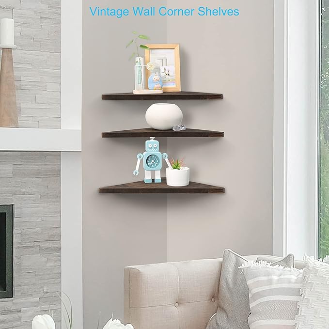 Joiishom Corner Wall Shelf Set of 3, Floating Corner Shelves, Rustic Wood Wall Storage Display Shelves for Living Room, Bedroom, Bathroom, Kitchen (Dark Brown)