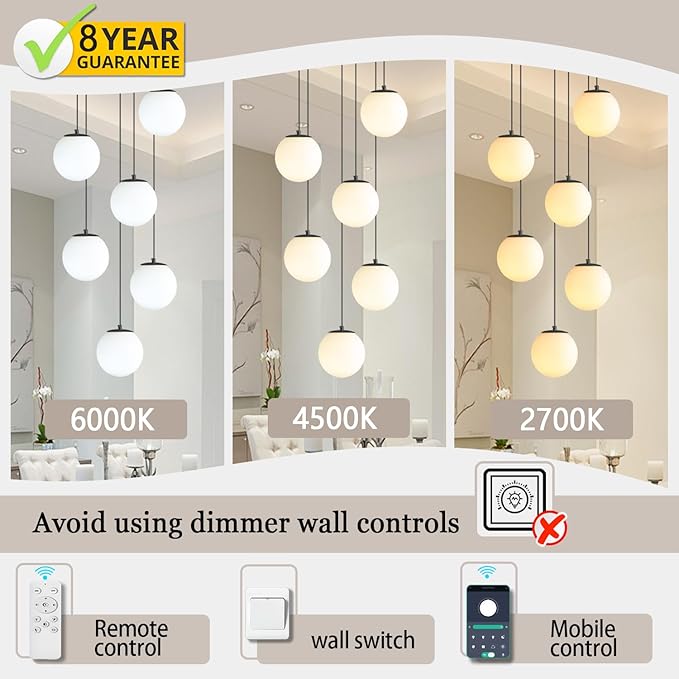 6-Light Black Chandelier with White Globe Glass Dimmable Ceiling Light Glass Pendant Light for Kitchen Island, Dining Room, Living Room, Entry Hallway, LED Bulbs Included