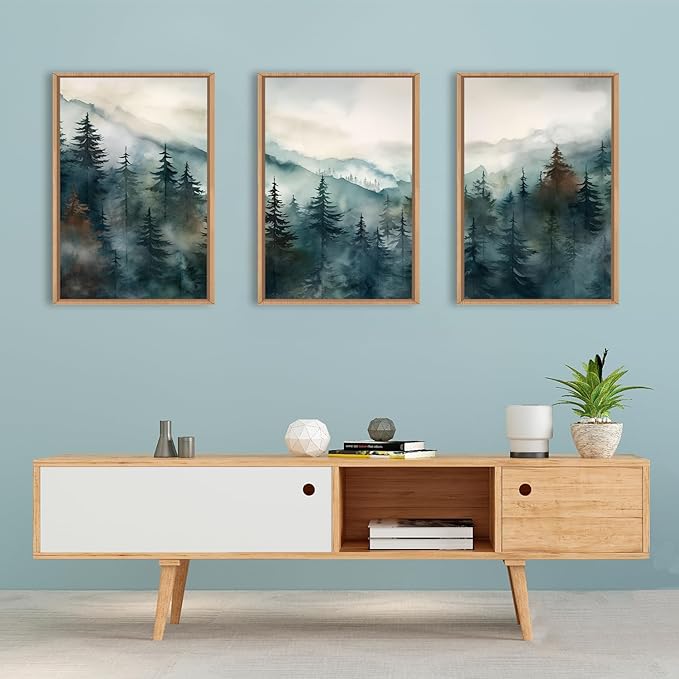 KAIRNE Watercolor Misty Forest Framed Canvas Wall Art Set, Nature Landscape Wall Decor, Foggy Mountain Pine Trees Wall Painting, Jungle Scenery Artwork for Living Room, Bedroom, Office - 24"x36"x3