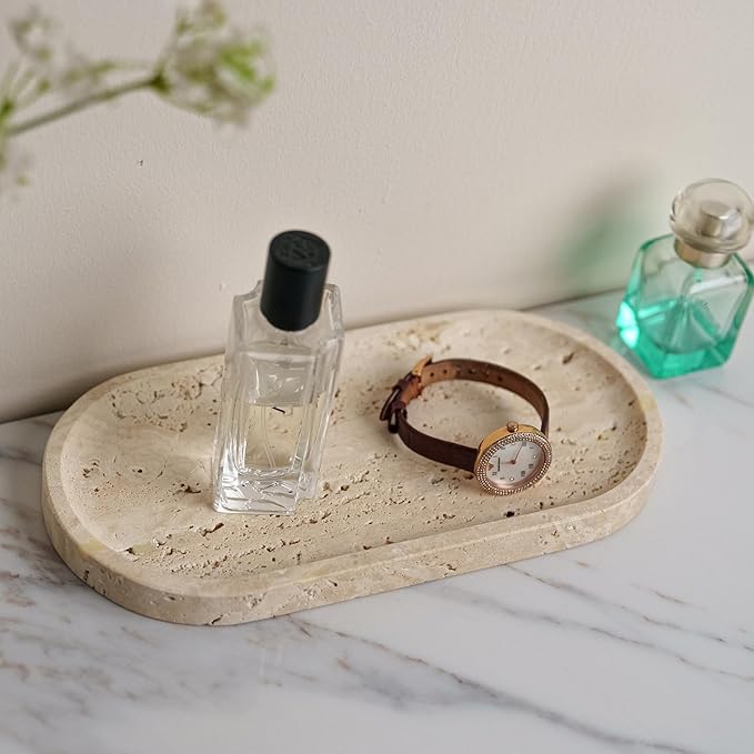 Beige Travertine Vanity Tray | Natural Stone Bathroom Organizer | Perfume & Jewelry Storage for Spa, Bedroom, Kitchen | Non-Slip Waterproof Design,9.8"x4.7"x0.6"