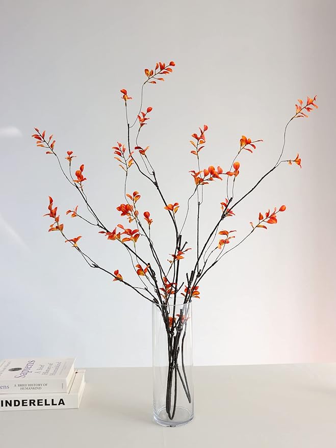 3Pcs 38.8" Faux Fall Plant Stems and Branches for Vase,Artificial Tree Branches and Twigs for Decoration (Orange Leaves & Brown Stem)