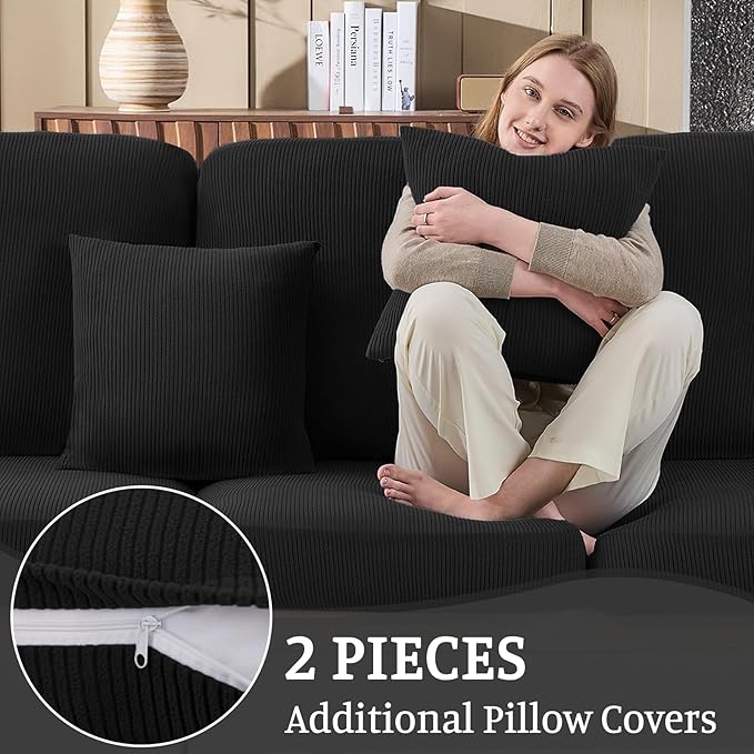 Sectional Couch Covers for Sofa Cushion L Shaped Couch Cover Washable Soft Couch Cushion Covers Stretch Sofa Slipcovers with 2 Pcs Pillowcases(3-Piece 2 Seater + 1 Chaise, Black)