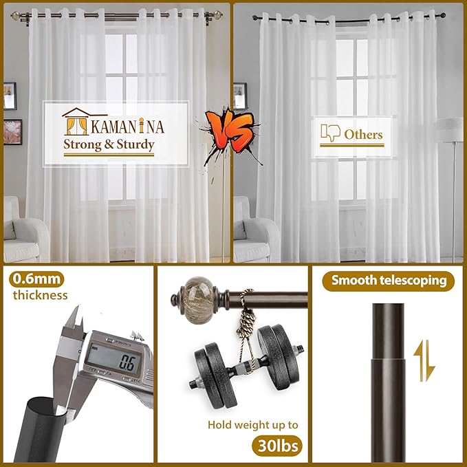 KAMANINA 1 Inch Double Curtain Rod 66 to 120 Inches (5.5-10ft), Bronze Telescoping Curtain Rods for Windows 54 to 115 inches, Heavy Duty Dual Drapery Rods with Marbled Finials
