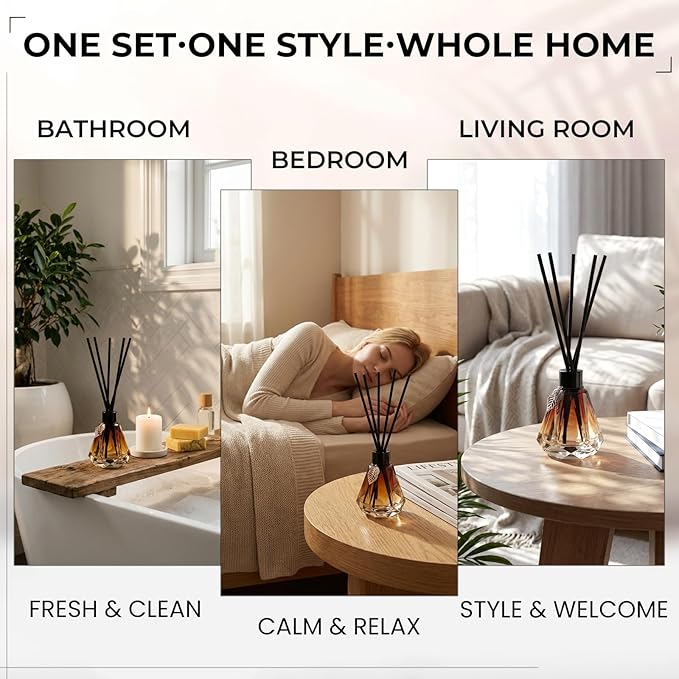 Reed Diffuser Set - 4 Empty Bottles With 20 Sticks, Delicate Gold Leaf Decor, Glass Fragrance Diffuser With Lids for Home, Bathroom | Refillable, Diamond Style Black