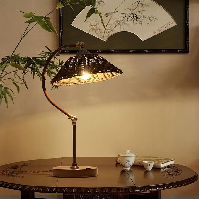 Woven Rattan Bedside Table Lamp Set of 2, Boho Plug in Handmade Rattan Shade & Anti-Rust Iron Base Desk Lamp, Plug & Play Vintage Dark Brown Nightstand Lamp for Living Room,Office【Bulb Included】