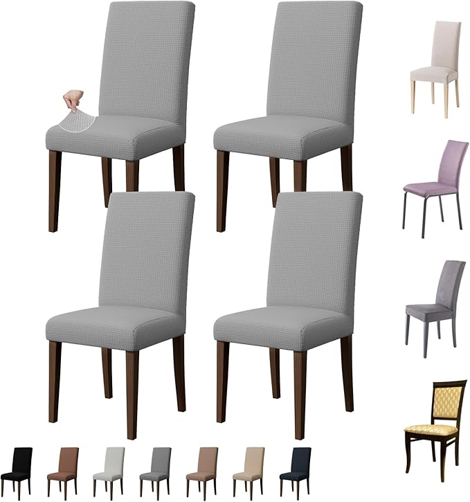 Chair Covers for Dining Room Set of 4, Washable Parson Chairs Slipcover Kitchen Seat Protector for Home, Party, Hotel, Banquet (Grey)