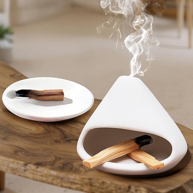 Set of 2 Palo Santo Holder Ceramic Sage Incense Burner Ash Catcher Meditation, Zen, Yoga Decor for Christmas Housewarming(White)