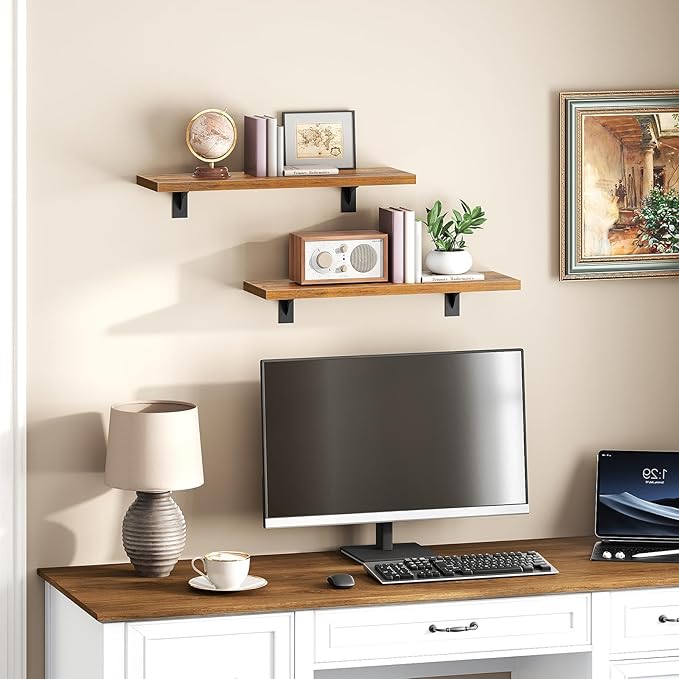 HOOBRO Floating Shelves for Wall, 15.4" Wall Mounted Shelves Set of 2, Hanging Storage Shelf with Metal Brackets, Wooden Shelf for Living Room, Bedroom, Bathroom, Rustic Brown and Black BF42BJP201G1