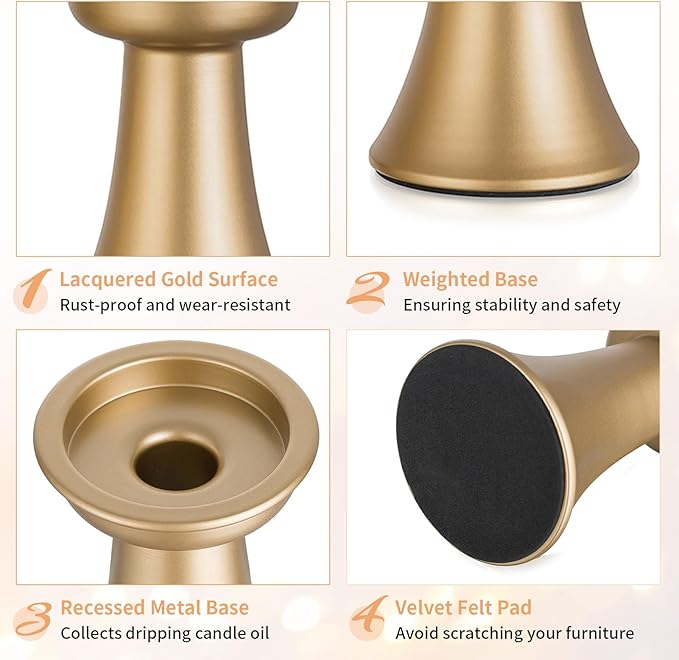 NUPTIO Taper Candle Holders Gold: Set of 2 Candlestick Holder with Hurricane Glass Cover - Tall Metal Candles Stick Stand for Fall Thanksgiving Christmas Seasonal Fireplace Decor