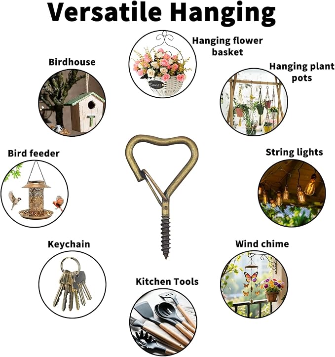 Hooks for Hanging - Ceiling Hooks for Outdoor Decor, Metal Key Hook, Decorative Plant Hanging, Clothes Hook, Heart-Shaped Screw Hooks Easy Installation (Bronze, 10Pcs)