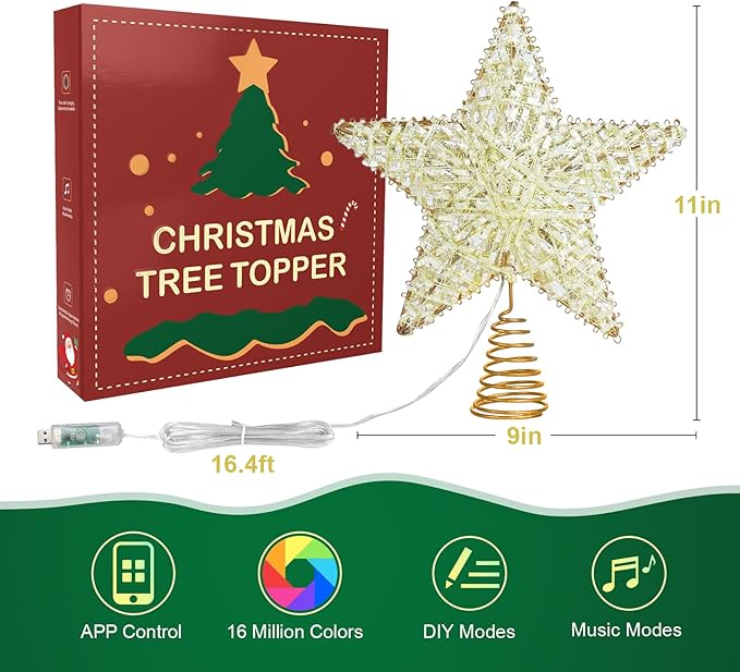 Christmas Tree Star Topper, LED Tree Decorations, UL Certified Colorful Star Tree Topper Lights for Home Garden USB Plug in Xmas Tree New Year Holiday, APP and Remote Control, DIY Dimmer(Gold)