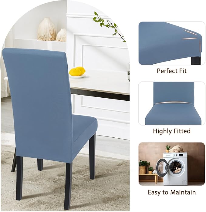 SearchI Dining Room Chair Covers Set of 4, Stretch Solid Color Parsons Chair Slipcovers Spandex Removable Washable Kitchen Chair Protector Cover for Dining Room, Hotel, Ceremony (Gray Blue)