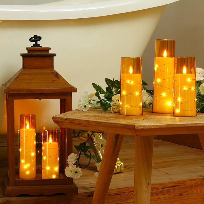 Raycare Flameless Candle with Remote Timer – 5 Flickering Acrylic Battery Operated LED Pillar Candles with Embedded Star String for Christmas, Home Decor, and as a Gift(Glod)