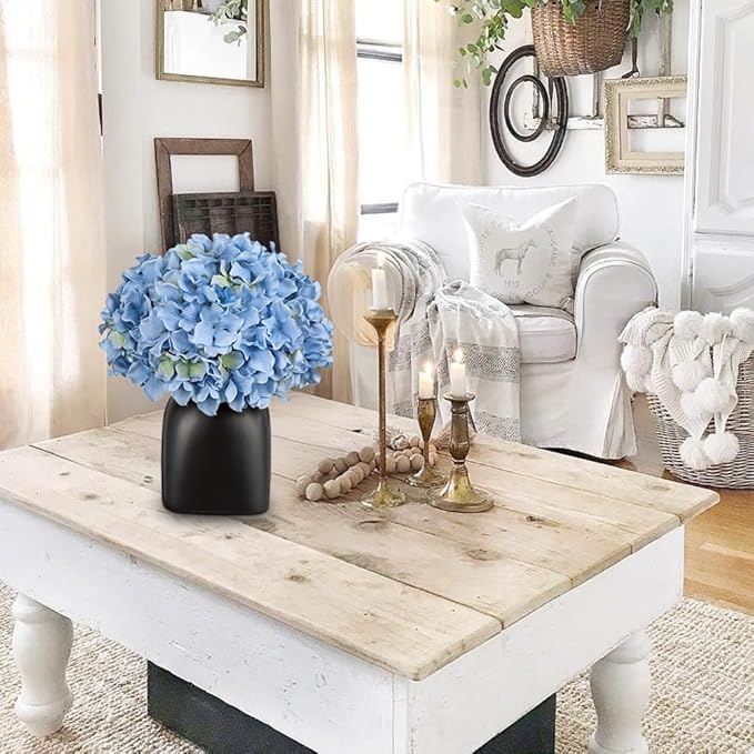 Briful Hydrangea Artificial Flowers Blue Silk Hydrangea Flowers in Deep Black Ceramic Vase Spring Flowers Arrangments Potted Fake Flowers for Home Decor Indoor Farmhouse Table Wedding Centrepiece