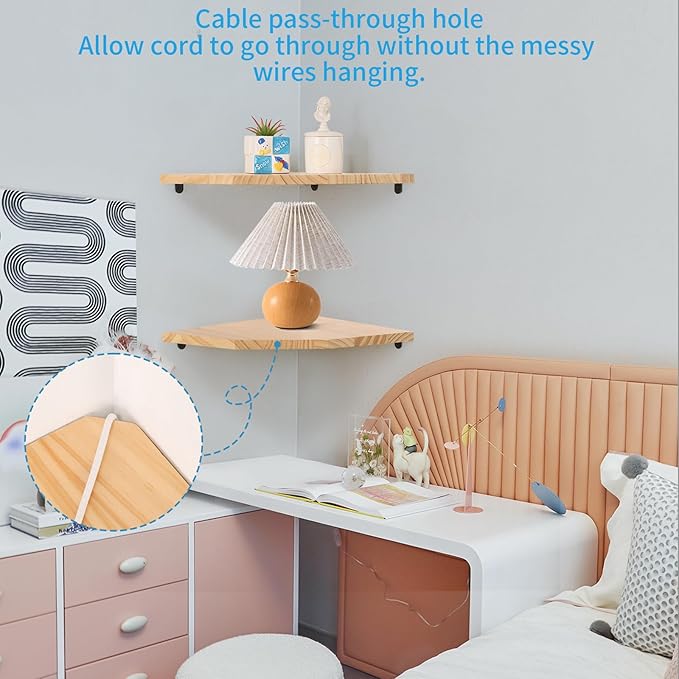 Wood Corner Wall Shelves Set of 2, Solid Wood Corner Floating Shelves, Round End Wall Mounted Floating Corner Shelf for Bedroom, Living Room and Kitchen (12 inch)