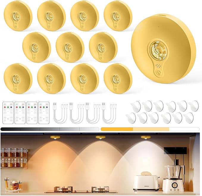 Yiliaw Rechargeable Puck Lights with Remote, 12 Pack Magnetic Under Cabinet Lighting, 1500mAh Battery Operated LED Tap Lights with Dimmer & Timmer for Kitchen, Closet, Shelf - 3 Color Temps, Gold