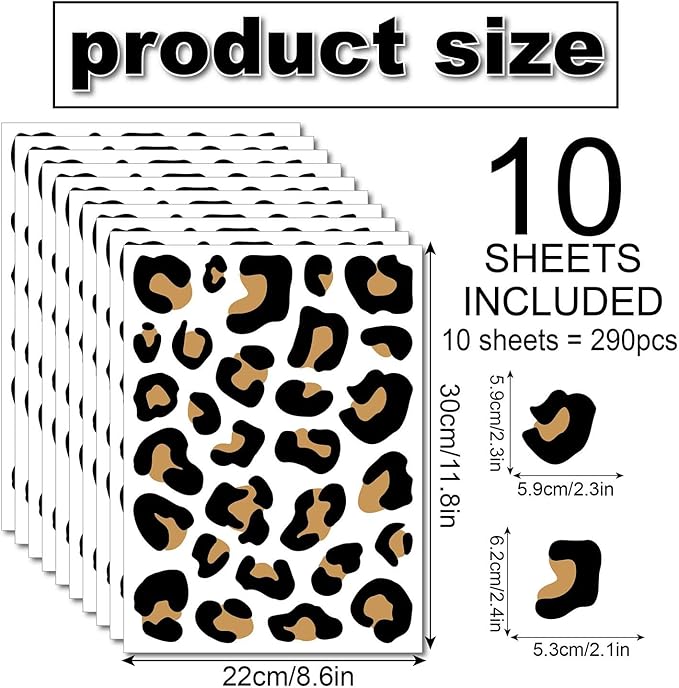 10 Sheets 290Pcs Leopard Wall Decals Removable Peel & Stick Wall Stickers Self-Adhesive Animal Print Vinyl Decor for Nursery,Car,Door,Home,Bedroom,DIY Easy Installation
