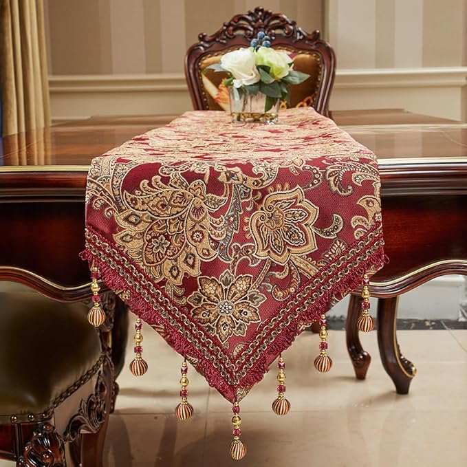 Luxury Vintage Table Runner 48 inches Long Embroidery Jacquard Fabric with Multi-Tassels Table Runners for Dining Room Dresser Wedding Christmas Thanksgiving Party Decorations (Red, 12X48inch)