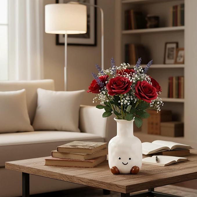Cute Smile Face Vase – White Ceramic Cute Flower Vase for Home Decor, Modern Decor Vase for Living Room Bedroom, for Women Friends Family