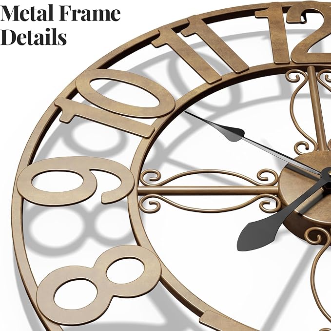 Cuspin 30 Inch Wall Clock, Large Decorative Wall Clock for Living Room, Silent Non-Ticking Battery Operated Metal Round Retro Rustic Arabic Numerals Analog Bronze Clock for Kitchen Mantel Office