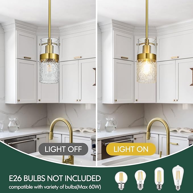 Modern Gold Pendant Light Adjustable Hanging Lighting Transparent Hammer Glass Chandelier for Kitchen Island Dining Room Bathroom Bedroom (3Pack)