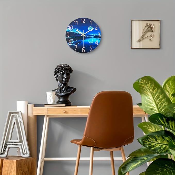 Big Wall Clocks Battery Operated 16 Inches or Larger Glass Moon Clock for Kitchen Blue Wall Clock Non Ticking