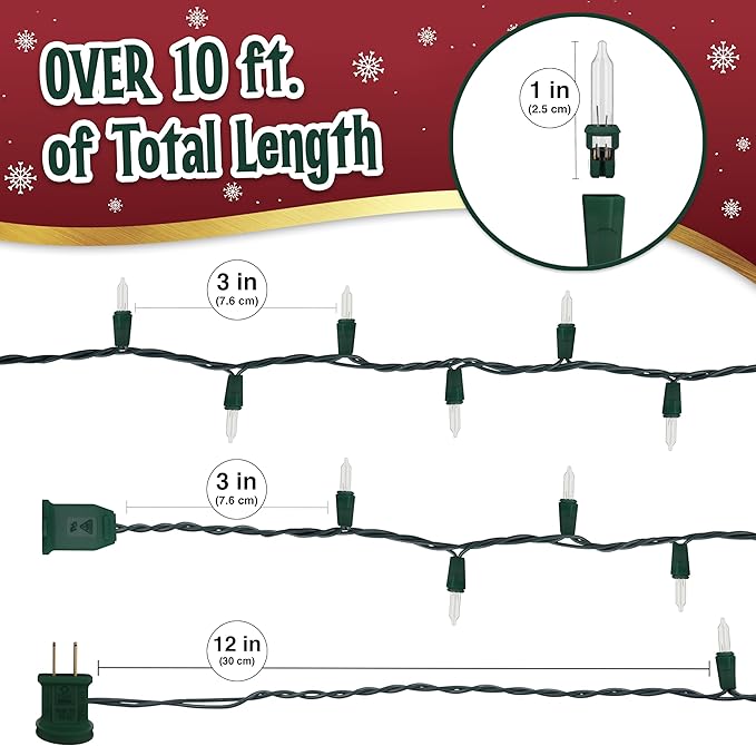 Clear Warm White Christmas Lights - 9 ft String of 50 Incandescent Mini Bulbs Multifunctional Lighting Modes, for Decorative, Bedroom, Outdoor, Xmas Twinkle Tree Lights with Green Wire Total 10.4 ft