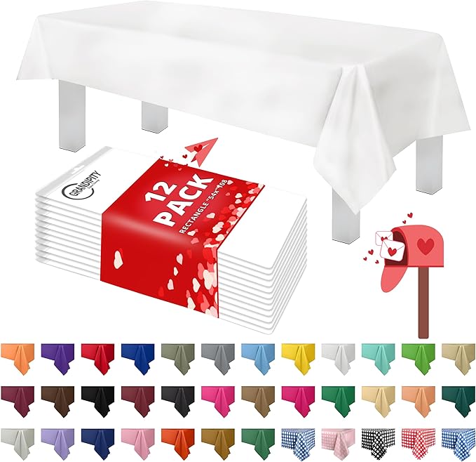 Grandipity 12 Pack Premium Disposable Plastic Tablecloth 54 Inch. x 108 Inch. with 0.3mm Thickness Table Cover - White