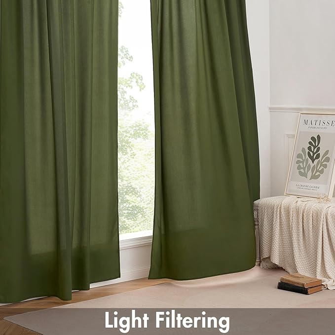 EMEMA Privacy Sheer Curtains 96 Inches Long 2 Panels Set, Olive Green Non-See-Through Light Filtering Semi Sheer Curtains for Bedroom Living Room, Window Drapes That Let Light in, 42x96 Inch