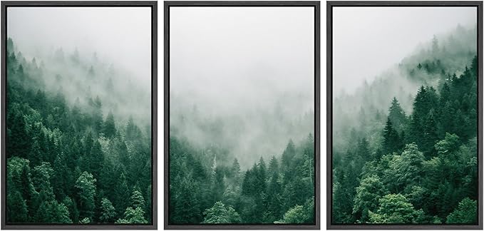 SIGNWIN Framed Canvas Print Wall Art Set Fog & Mist Mountain Forest Valley Nature Wilderness Photography Modern Art Rustic Landscape Relax/Calm for Living Room, Bedroom, Office - 16"x24"x3 Black