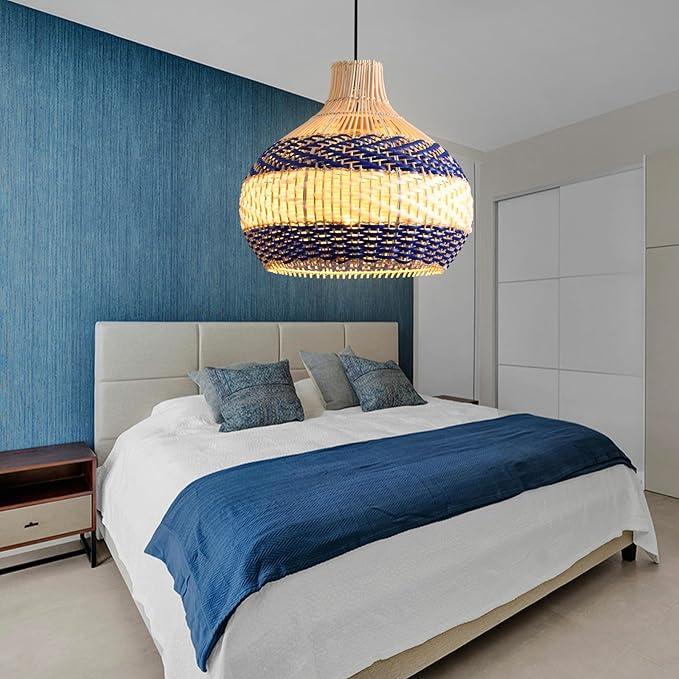 3-Light Rattan Pendant Light 15" Hand-Woven Blue White Wicker Basket Chandelier1-Pack Boho Faux Rattan Hanging Light,for Living Room Bedroom Kitchen Hallway Dining Farmhouse