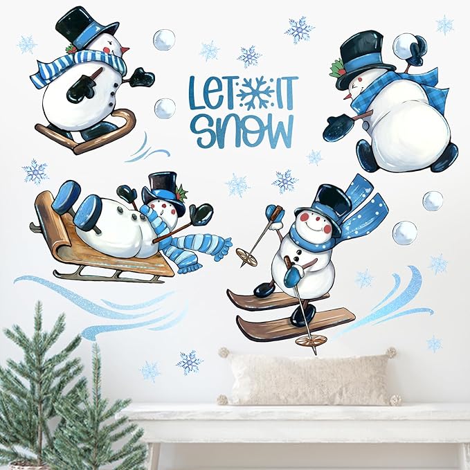 Mfault Winter Snowman Wall Decals Stickers, Let It Snow Winter Sport Sleigh Decorations Bedroom Art, Snowball Snowflakes 2026 New Year Christmas Holiday Home Kitchen Decor