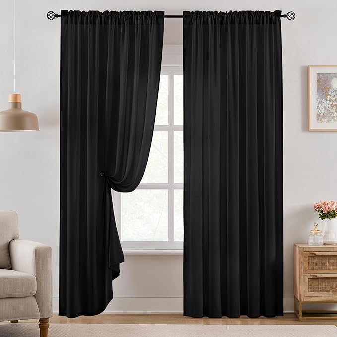 HOMEIDEAS Halloween Non-See-Through Black Privacy Semi Sheer Curtains 84 Inches Long 2 Panels Set Light Filtering Curtains for Living Room Bedroom Drapes,W52xL84