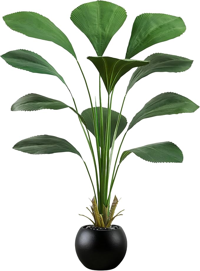 Artificial Sumatra Palm Tree: 5FT Fake Licuala Fan Palm Tree Faux Tropical Plant Realistic Tall Floor Plant in Black Egg-Shaped Pot for Home Living Room Office Decor Patio Hotel Indoor Outdoor