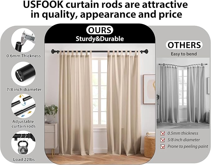 Black Curtain Poles for Windows 66 to 120 Inch(5.5 to 10ft), USFOOK 7/8 Inch Decorative Single Curtain Rod Set, Long Heavy Duty Drapery Rods 32 to 120, Square Finials