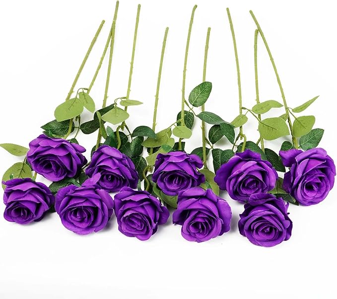 Flojery 10pcs Purple Silk Roses Artificial Rose Flowers Long Stem for DIY Wedding Bouquet Table Centerpiece Home Décor