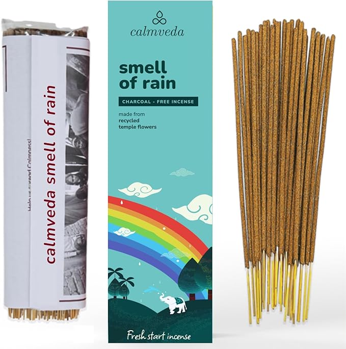 Fresh Rain Incense Sticks - (80 Scent Sticks) Charcoal Free, Made from Upcycled Flowers | Like Petrichor Aroma of Rain Soaked Earth | Relaxing Scents for Meditation Incense