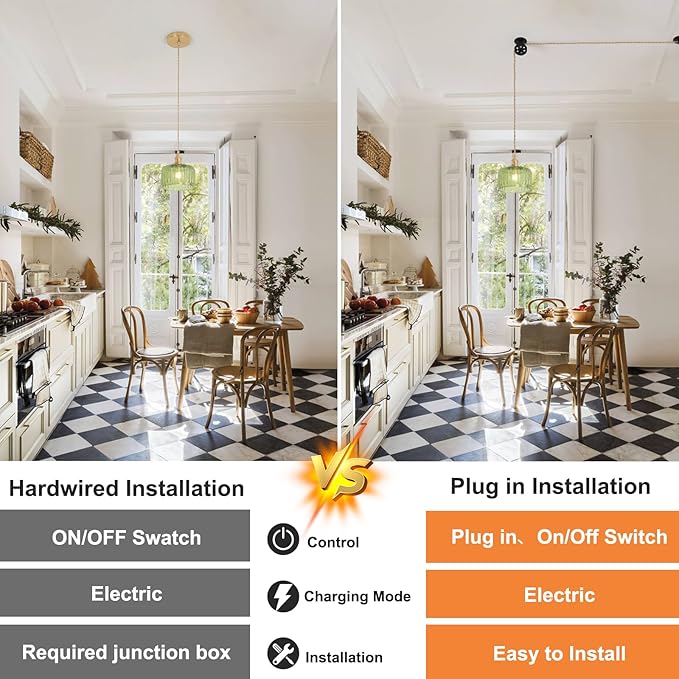 Plug in Pendant Light Hanging Light Fixture Corded On/Off Switch Brass Pendant Light with Green Striped Glass Lampshade for Bedroom Living Room Kitchen Island